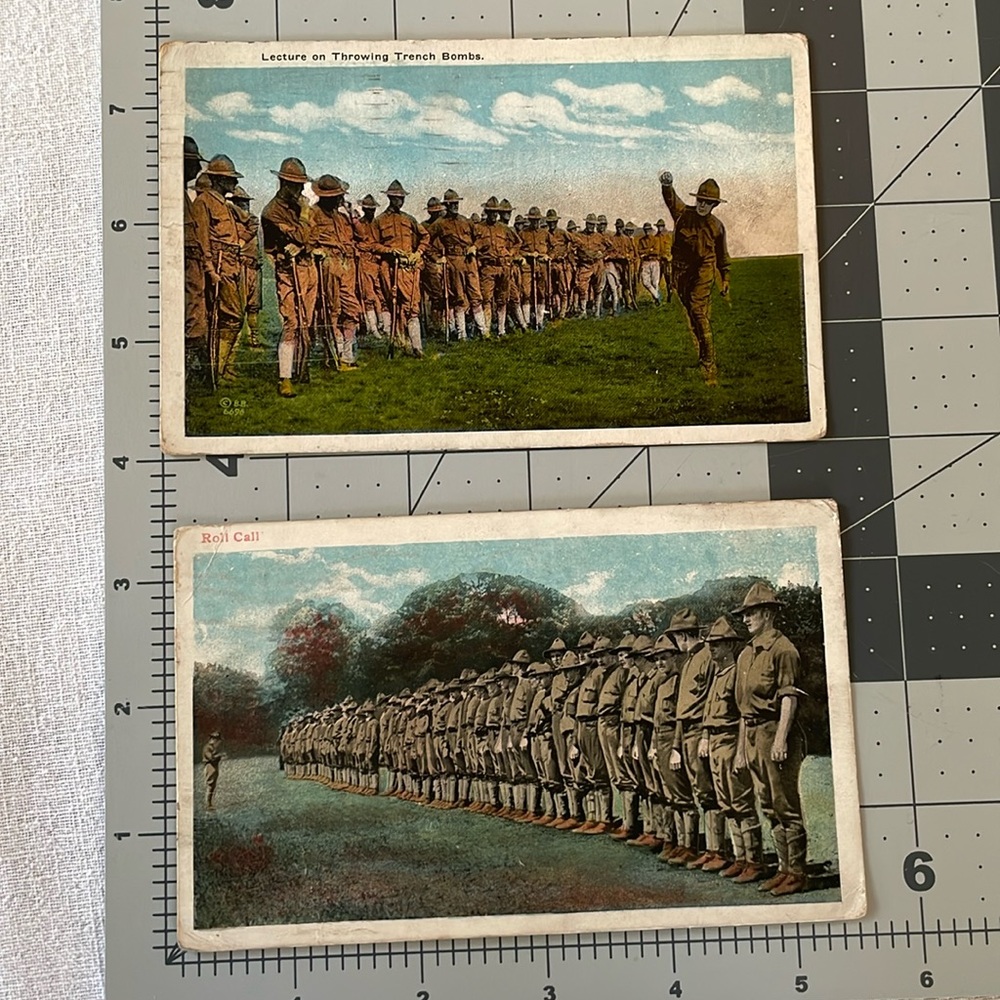 WWI (ca 1918) postcards (2) & 2 cent George Washington stamps (2)